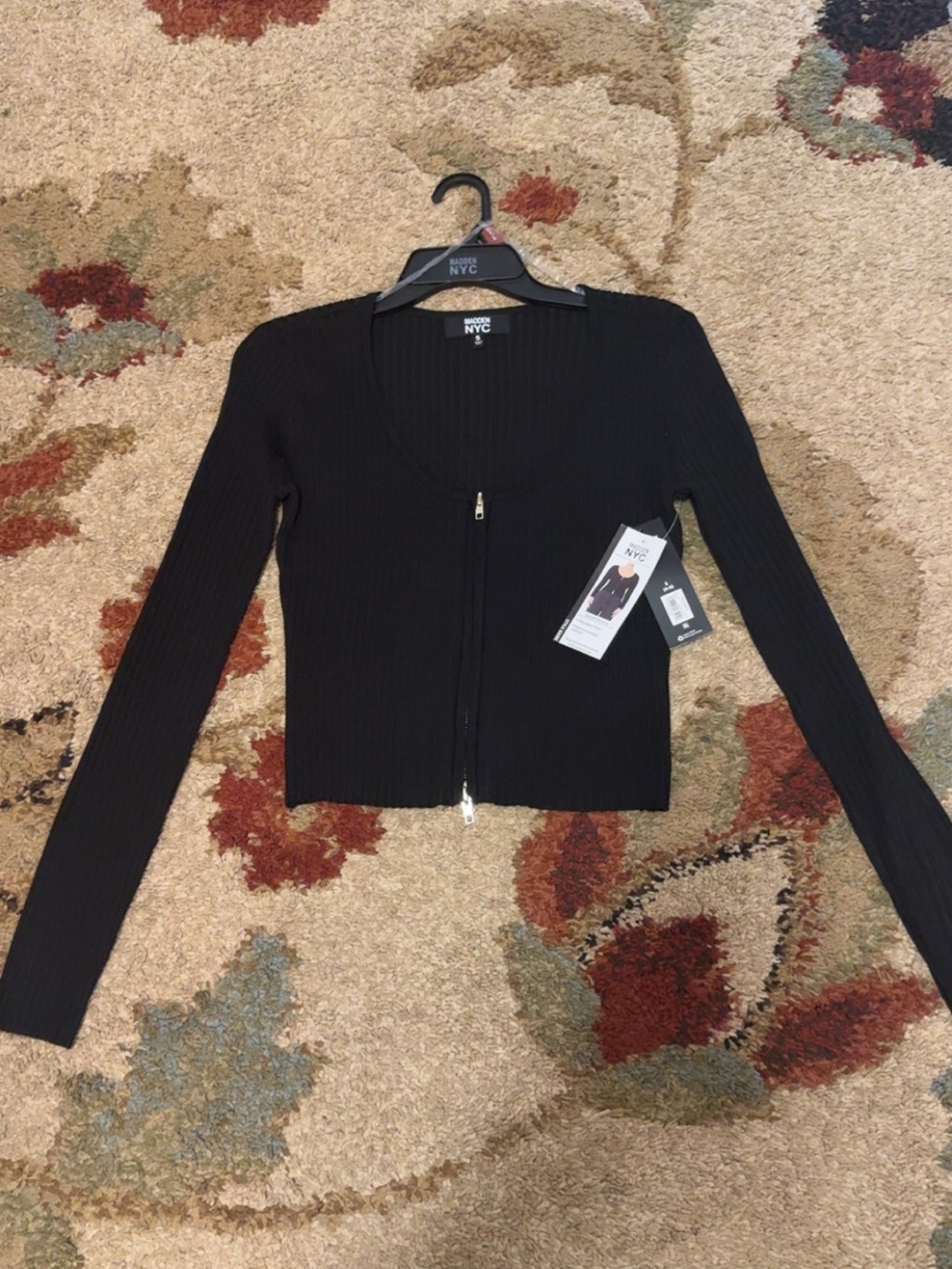 NYC Black Ribbed Zip-Up Cropped Cardigan